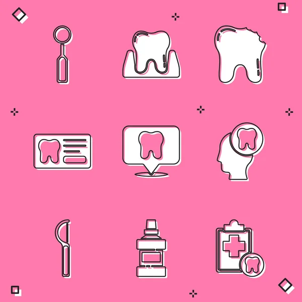 Set Espejo de inspección dental, diente roto, tarjeta, ubicación de la clínica, cabeza humana con, hilo dental y enjuague bucal icono de la botella. Vector — Vector de stock