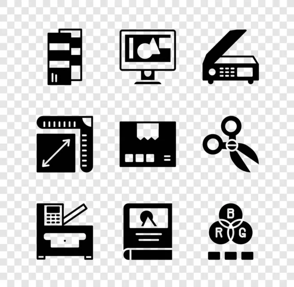 Set Pantone, екран комп'ютерного монітора, Scanner, Copy machine, фотогалерея, кольорове змішування RGB, розмір паперу і картонна коробка. Вектор — стоковий вектор