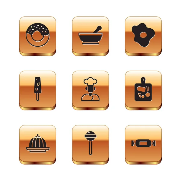 Set Donut, flan de pudín, piruleta, cocinero, helado, huevos revueltos, caramelo y mortero pestle icono. Vector — Vector de stock