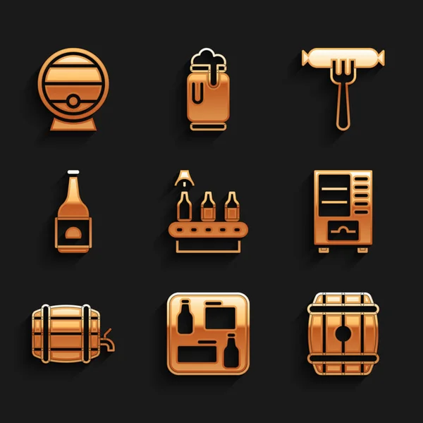 Set Banda transportadora, cerveza, menú de cerveza, barril de madera, máquina expendedora, estante, botella, salchicha, tenedor e icono. Vector — Archivo Imágenes Vectoriales