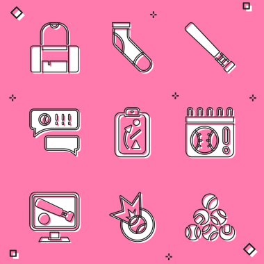 Spor çantası, beysbol çorabı, beysbol sopası, konuşma balonu sohbet beyzbolu, planlama stratejisi, oyun takvimi, monitör ve simge. Vektör