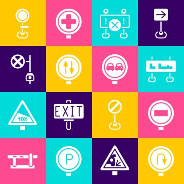 Geri dönüş işareti, Stop, Road Trafiği, bariyer, iki yönlü uyarı, kamera ve sollama simgesi. Vektör