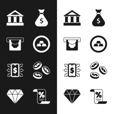 Altın külçeleri, ATM ve para, banka binası, para çantası, dolarlı akıllı telefon, bozuk para, finans belgesi ve elmas ikonu. Vektör