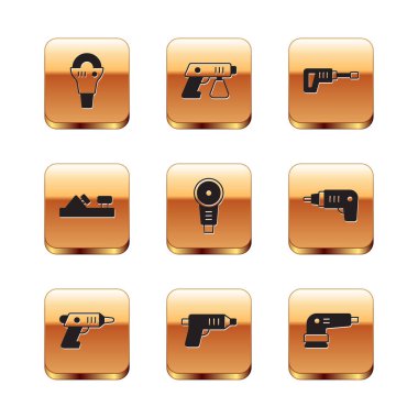 Açı öğütücü, elektrik kablosuz tornavida, tahta uçak aleti, döner çekiç matkabı, zımpara makinesi ve boya sprey tabancası ikonu. Vektör