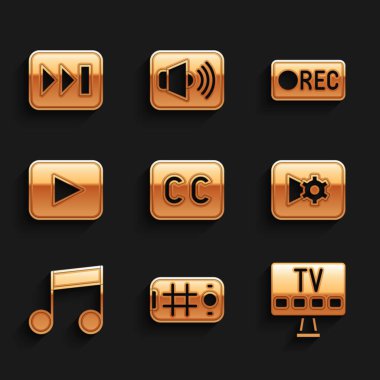 Altyazıları Ayarla, Cep telefonunda Selfie, Akıllı TV, Müzik veya video ayarları, nota, ton, Çal düğmesi, Kayıt ve Hızlı İleri simgesi. Vektör