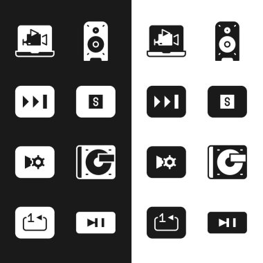 Set Stop medya düğmesi, Hızlı İleri, Çevrimiçi oyun videosu, Stereo hoparlör, Müzik ayarları, Vinil çalıcı ve vinil disk, Durdur ve Tekrarla müzik simgesi. Vektör