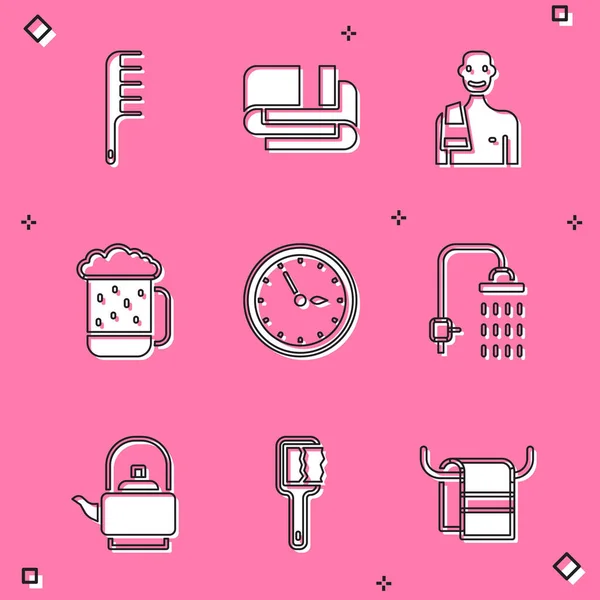 Hairbrush, Towel stack, Man in the sauna, Wooden beer mug, Sauna clock, Shower, Kettle with handle and icon. Vector — 스톡 벡터