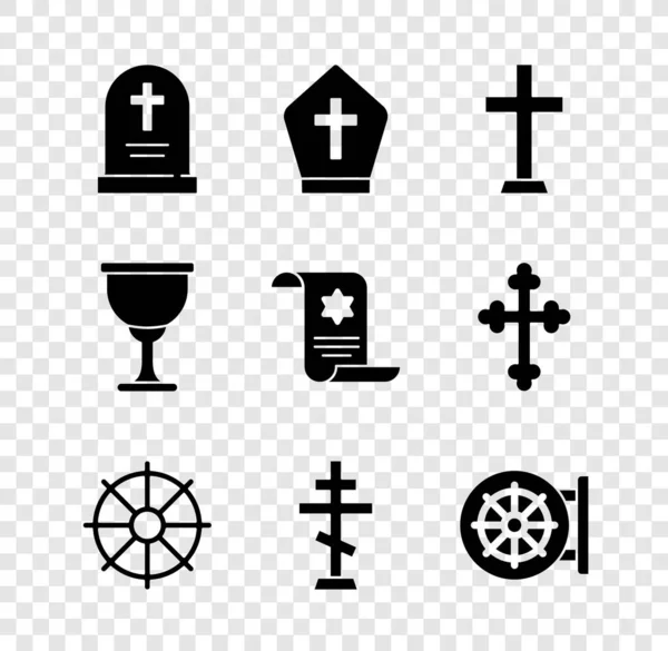Set Tombstone with cross, Pope hat, Christian, Dharma wheel, Holy grail or chalice and Torah scroll icon. Vector — Stock Vector