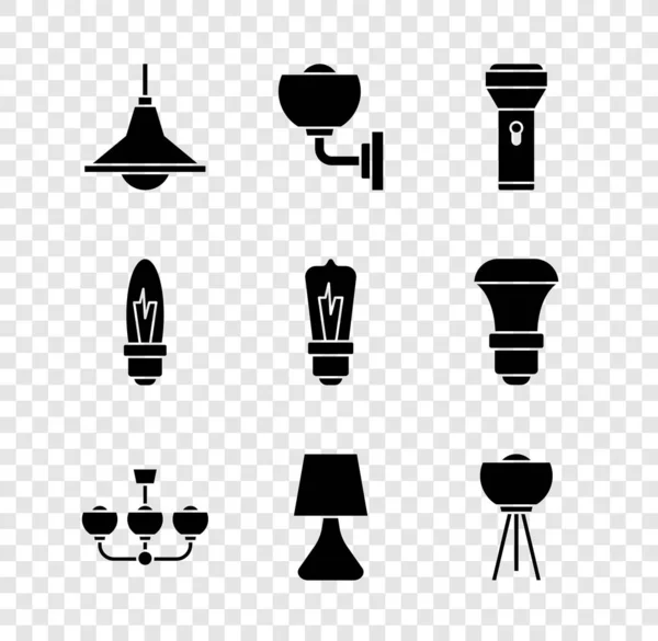 Set lámpara de araña, lámpara de pared o aplique, linterna, mesa, piso, bombilla e icono. Vector — Archivo Imágenes Vectoriales