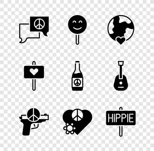 Set Speech bubble chat, Smile face, The heart world - love, No war, Love peace, Peace, and Beer bottle icon. Vector — Stock Vector