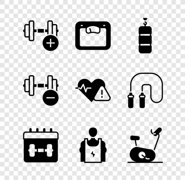 Set de mancuernas, básculas de baño, saco de boxeo, calendario de fitness, culturista, bicicleta estática, y el icono de ritmo cardíaco. Vector — Archivo Imágenes Vectoriales