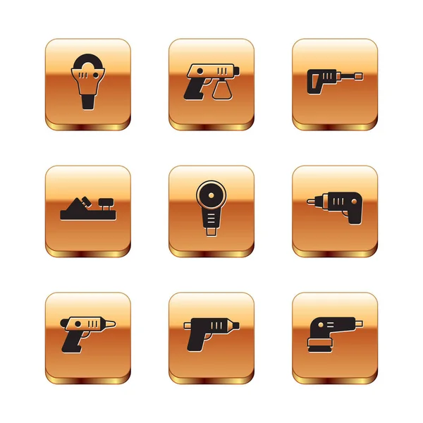 Set Angle grinder, Electric cordless screwdriver, Wood plane tool, Rotary hammer drill machine, sander and Paint spray gun icon. Vector Royalty Free Stock Illustrations