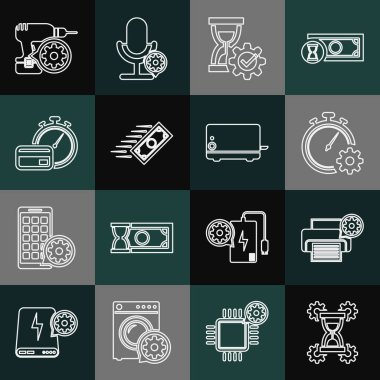 Hat ayarları, yazıcı, zaman yönetimi, hızlı ödemeler, matkap makinesi ve tost makinesi simgesi. Vektör