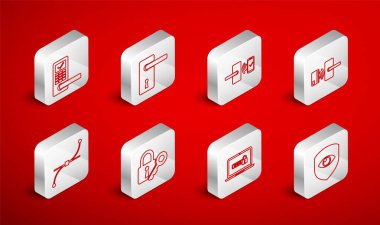 Satır Kalkanı ve Gözü, Kapı Kolu, Kablosuz dijital kapı kilidi, Laptop şifresi, Kilit anahtarı ve Bezier eğrisi simgesi. Vektör