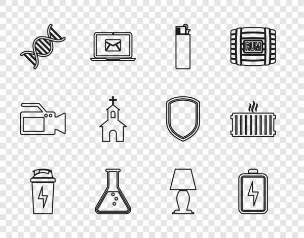 Set line Agitateur de fitness, batterie, briquet, éprouvette et fiole, symbole ADN, bâtiment de l'église, lampe de table et icône du radiateur de chauffage. Vecteur — Image vectorielle