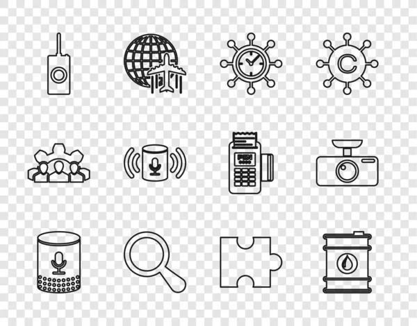 Set line Voice assistant, Barrel oil, Clock and gear, Magnifying glass, Remote control, Piece of puzzle and Car DVR icon. Vector — Stock Vector