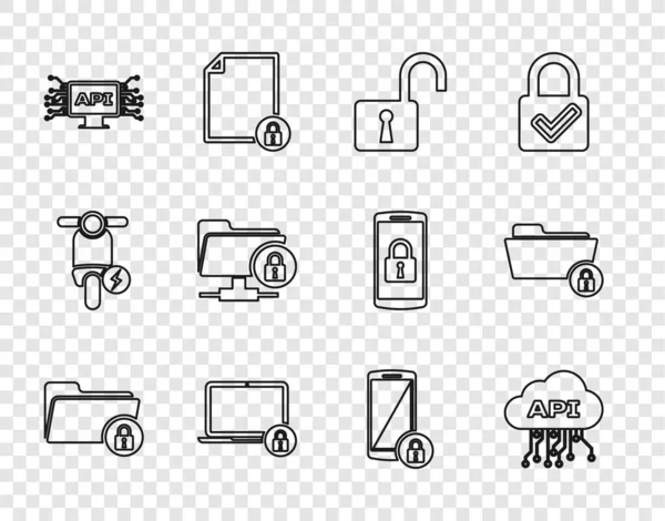 Satır dizinini ayarla ve kilitle, Cloud api arayüzü, Aç asma kilit, dizüstü bilgisayar, FTP klasörü, Akıllı telefon ve simge. Vektör
