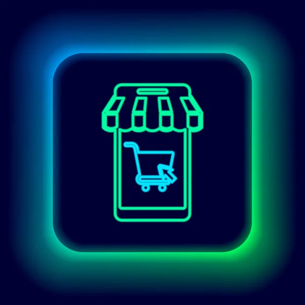 Glowing neon line Mobile phone and shopping cart with striped awning icon isolated on black background. Online buying symbol. Supermarket basket symbol. Colorful outline concept. Vector — Stock Vector