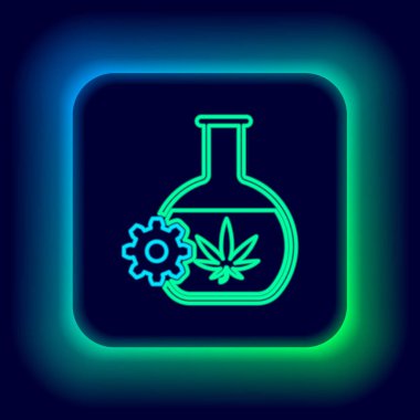 Esrar ya da kenevir yaprağı simgesiyle siyah arkaplanda parlayan neon hattı test tüpü. Araştırma konsepti. Laboratuvar CBD yağ konsepti. Renkli taslak konsepti. Vektör