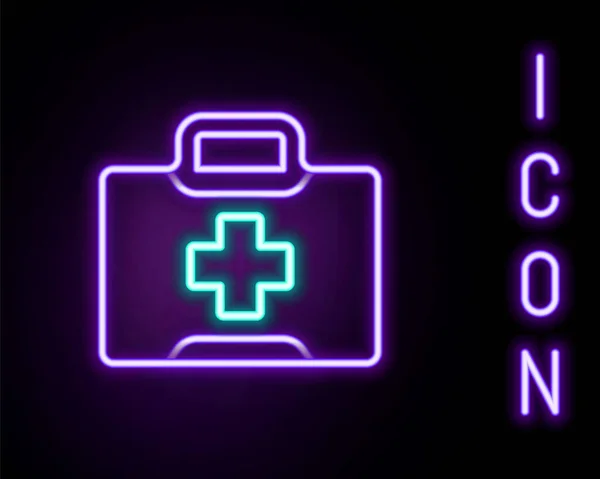Glödande neon line Första hjälpen kit ikon isolerad på svart bakgrund. Medicinsk låda med kors. Medicinsk utrustning för nödsituationer. Sjukvårdskoncept. Färgstarkt skisskoncept. Vektor — Stock vektor