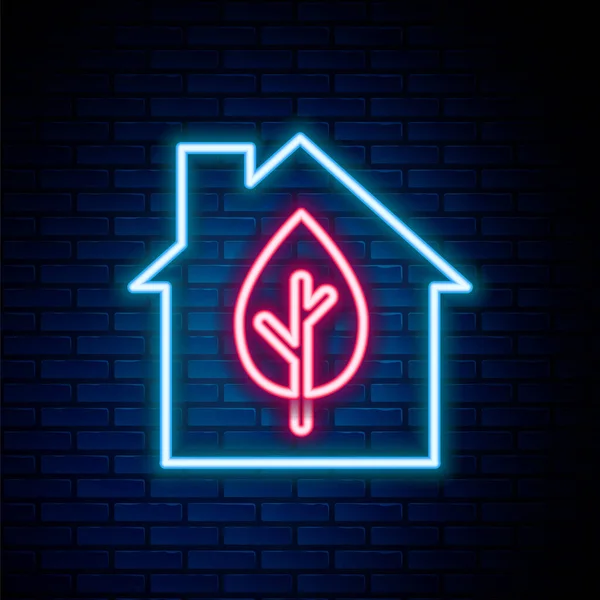 Linea neon incandescente icona Eco friendly casa isolata su sfondo muro di mattoni. Eco casa con foglia. Concetto di contorno colorato. Vettore — Vettoriale Stock