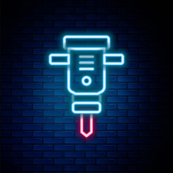 Leuchtende Neon-Linie Bau Presslufthammer Symbol isoliert auf Backsteinwand Hintergrund. Buntes Rahmenkonzept. Vektor — Stockvektor