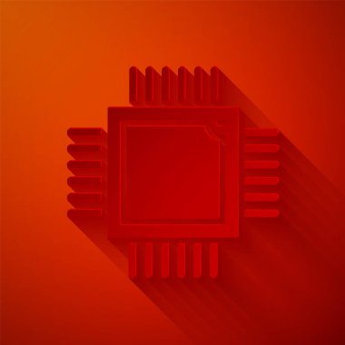 Paper cut Computer processor with microcircuits CPU icon isolated on red background. Chip or cpu with circuit board. Micro processor. Paper art style. Vector