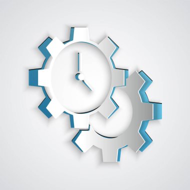 Kağıt kesiği Zaman yönetim simgesi gri arkaplanda izole edildi. Saat ve vites tabelası. Üretkenlik sembolü. Kağıt sanatı tarzı. Vektör