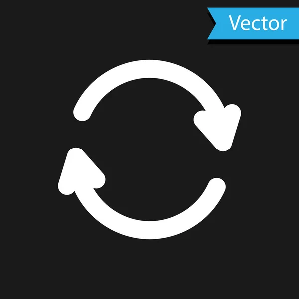 Icono de actualización blanca aislado sobre fondo negro. Recargar símbolo. Flechas de rotación en un signo de círculo. Ilustración vectorial — Vector de stock