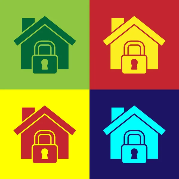 Поп-арт-хаус під іконою захисту ізольований на кольоровому фоні. Будинок і замок. Захист, безпека, захист, оборонна концепція. Векторні — стоковий вектор