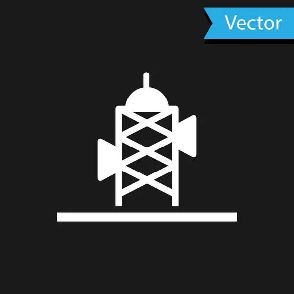 Icono de antena blanca aislado sobre fondo negro. Antena de radio inalámbrica. Tecnología y señal de red antena de radio. Vector — Archivo Imágenes Vectoriales