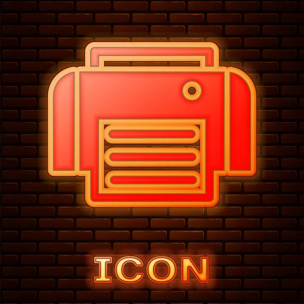 Icono de la impresora de neón brillante aislado en el fondo de la pared de ladrillo. Vector — Vector de stock