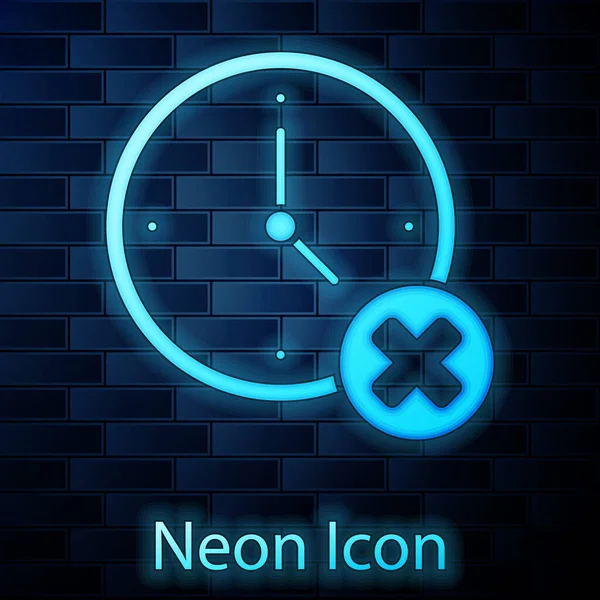 Leuchtende Neon Clock löschen Symbol isoliert auf Backsteinwand Hintergrund. Zeitsymbol. Vektor — Stockvektor