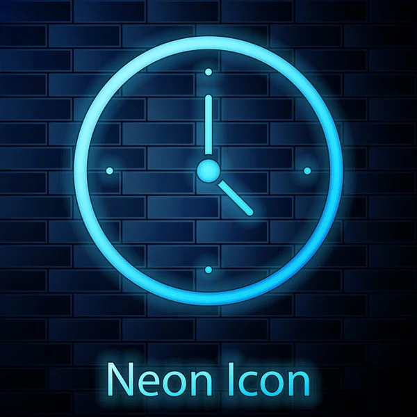 Brillante icono del reloj de neón aislado en el fondo de la pared de ladrillo. Símbolo de tiempo. Vector — Vector de stock