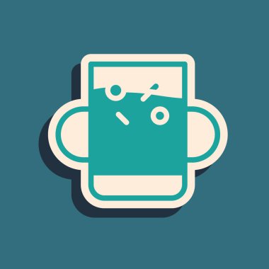 Yeşil çay fincanı ve yeşil arka planda izole edilmiş yaprak ikonu. Uzun gölge tarzı. Vektör