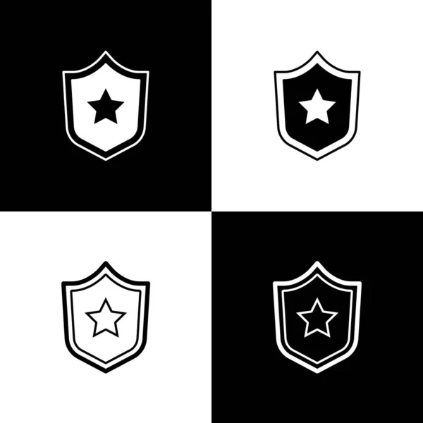 Imposta l'icona del distintivo della polizia isolata su sfondo bianco e nero. Sceriffo segno distintivo. Scudo con simbolo della stella. Vettore — Vettoriale Stock