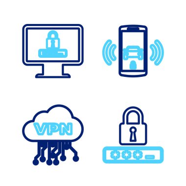Satır Parola Koruması, Bulut VPN arayüzü, Akıllı Araba Alarm Sistemi ve Parola simgesi olan Monitör. Vektör
