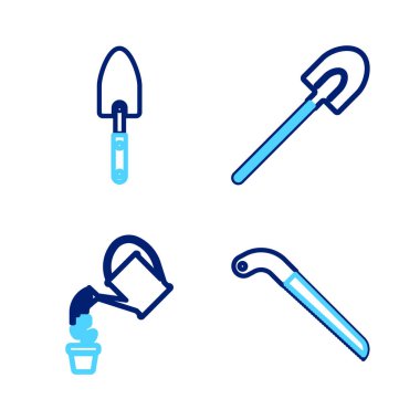 Sıralı gübre torbası, su kovası, bahçe küreği ve kürek ya da ikon. Vektör