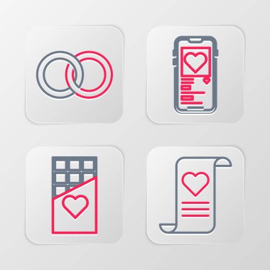 Zarfta Sevgililer Günü Kalbi, Çikolata Çubuğu, Mobil ve Alyans ikonu var. Vektör