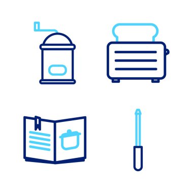 Sıralı bıçak bileyicisi, yemek kitabı, tost makinesi ve manuel kahve öğütücü ikonu. Vektör