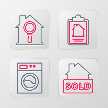 Satılmış metin, çamaşır makinesi, ev sözleşmesi ve arama evi ikonu ile satır asma tabelası. Vektör