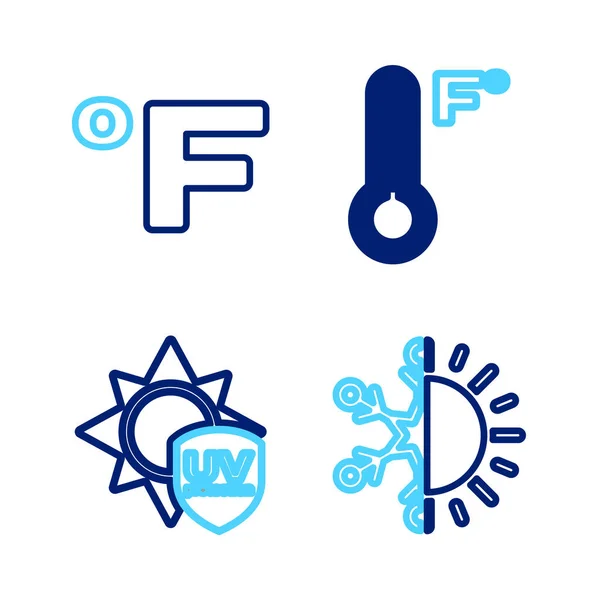 Set Line Sun Snowflake Protection Meteorology Thermometer Fahrenheit Icon Vector — Vector de stock