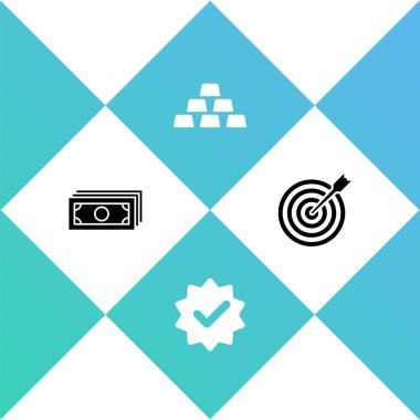 Yığınla kağıt para, onay ve çek işareti, altın külçeler ve ok simgesi olan hedef. Vektör