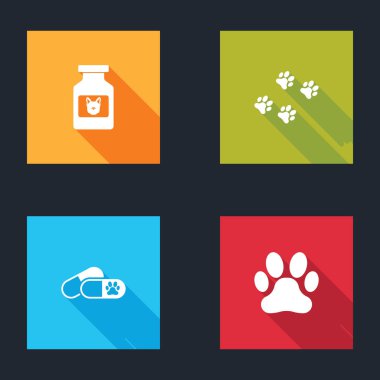 Köpek ilacı şişesi, pençe izi, haplar ve ikon hazırla. Vektör
