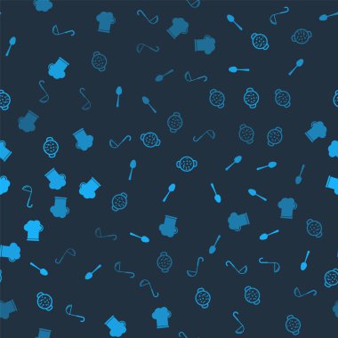 Mutfak kepçesini, kaşığı, tencerede çorba pişirmeyi ve Şef şapkasını kusursuz bir şekilde yerleştirin. Vektör