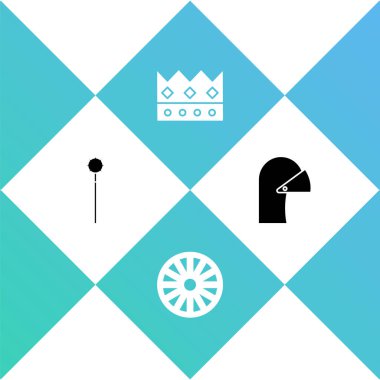 Ortaçağ topları, eski ahşap tekerlekler, kral tacı ve demir kask ikonu. Vektör