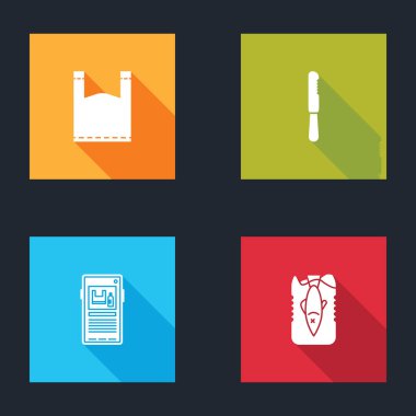 Plastik poşet, tek kullanımlık plastik bıçak, kirliliği ve okyanus ikonunu durdur. Vektör