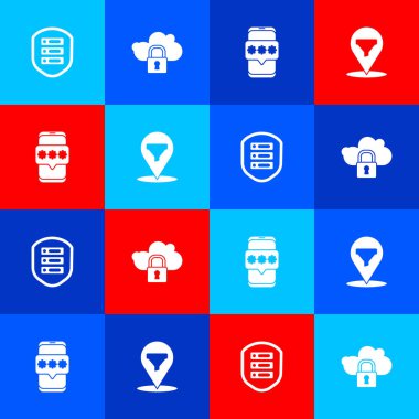 Sunucuyu kalkan, Bulut bilgisayar kilidi, mobil ve şifre ve konum satış hunisi simgesiyle ayarla. Vektör