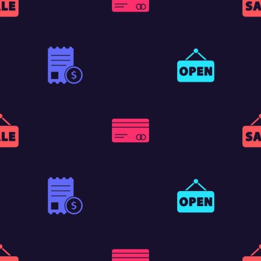 Asılma işaretini Açık, kağıt çek ve mali çekle, kredi kartıyla ve satışta pürüzsüz olarak ayarla. Vektör