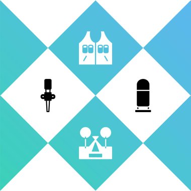 Meşale ateşi, turist çadırı, av ceketi ve kurşun ikonu. Vektör